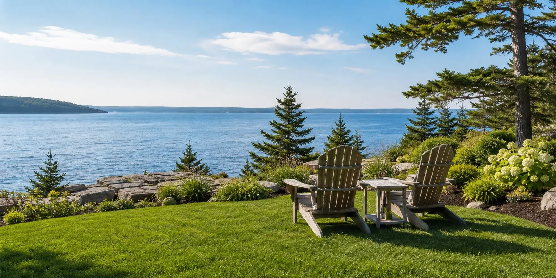 Clean coastal Cape Breton lawn and waterfront property maintained by LawnSharks NS