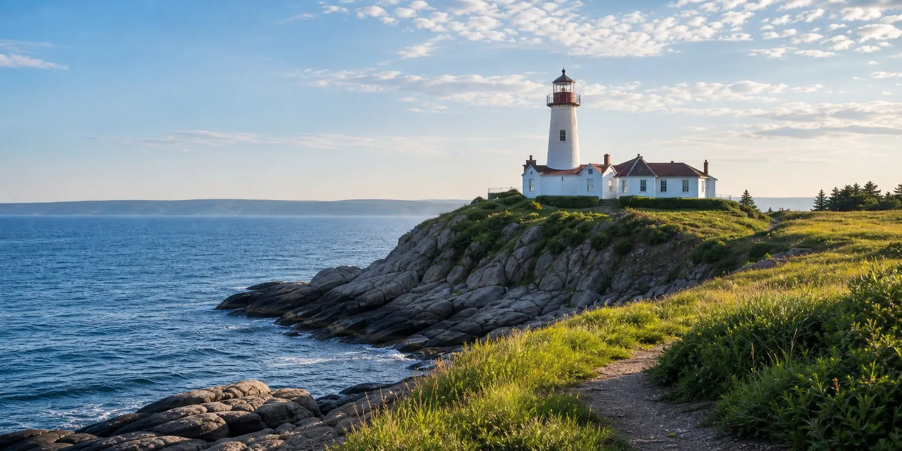 Cape Breton coastline and lighthouse near properties served by LawnSharks NS