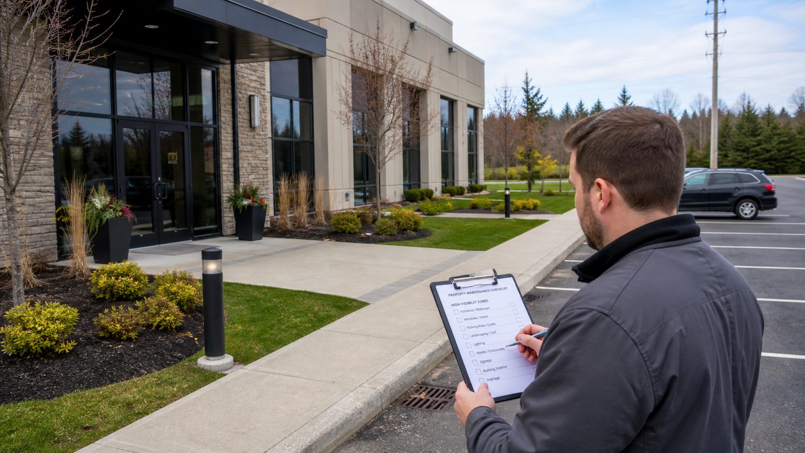 Start the checklist where customers and tenants notice the property first.