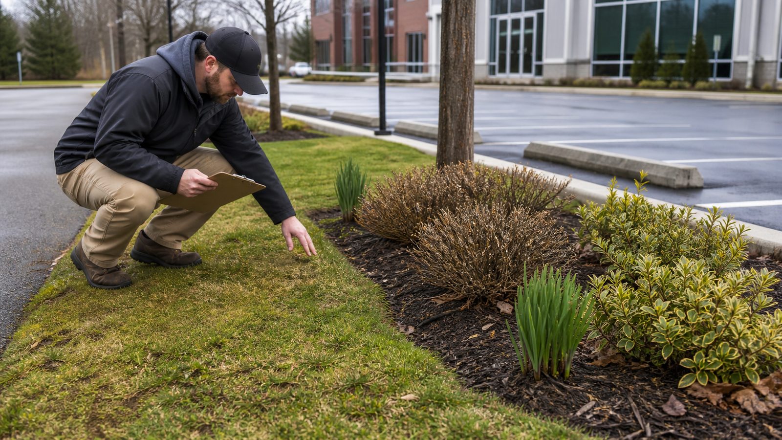 Turf, beds, shrubs, and edges show the day-to-day standard of care.